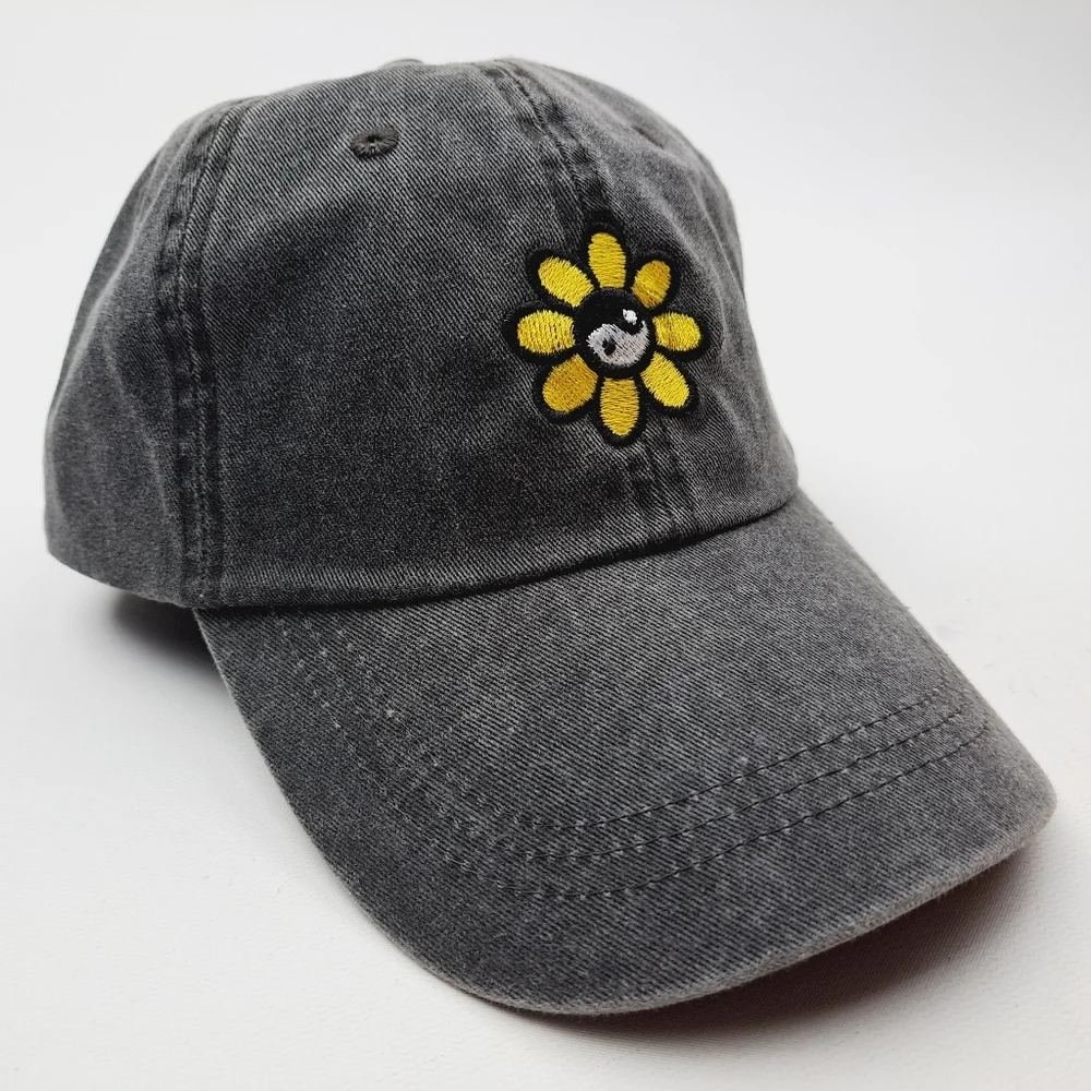 Yin Yang Flower Embroidered Relaxed Cotton Hat Cap Gray Washed Adjustable Women